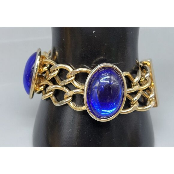 Blue Lucite Station Bracelet Vintage Large Link Gold Tone Size 7 Large Cabachon - Picture 3 of 8